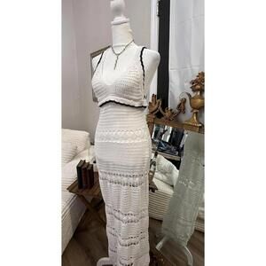 Forever 21 Dress Womens Small White Crochet Maxi Strappy Boho Beach Cover Up